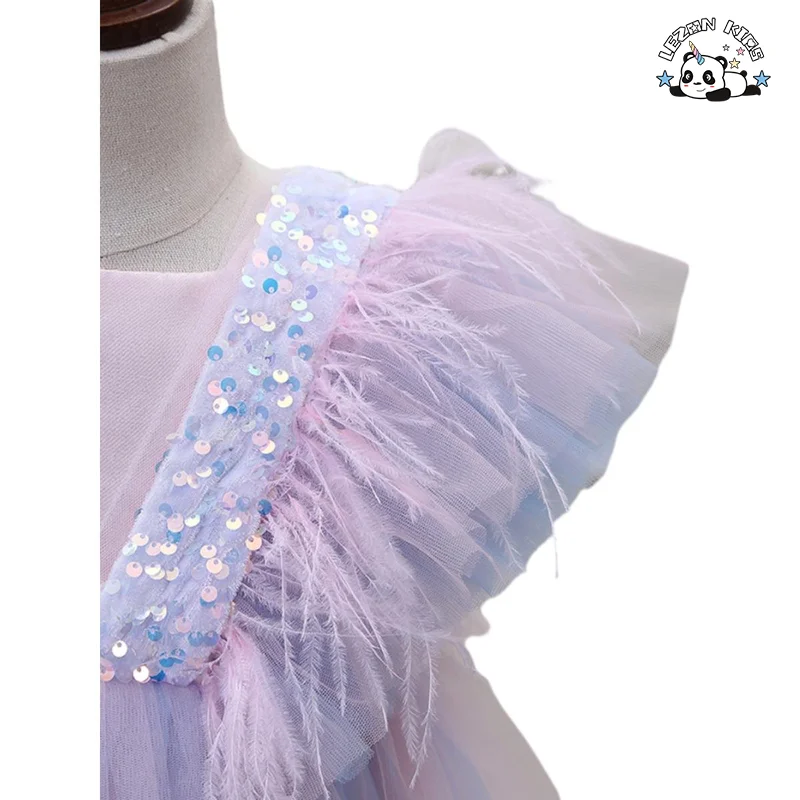 LEZONKIDS - Customizable New Fancy Ruffle Sleeve Feather Rainbow Layered Kids Tulle Dresses Girls Princess Dress